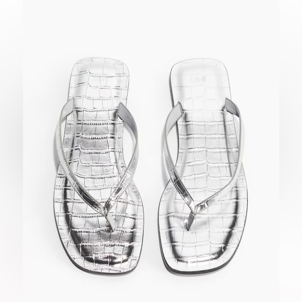 H&M Silver Croc-Embossed Flip Flop Sandals